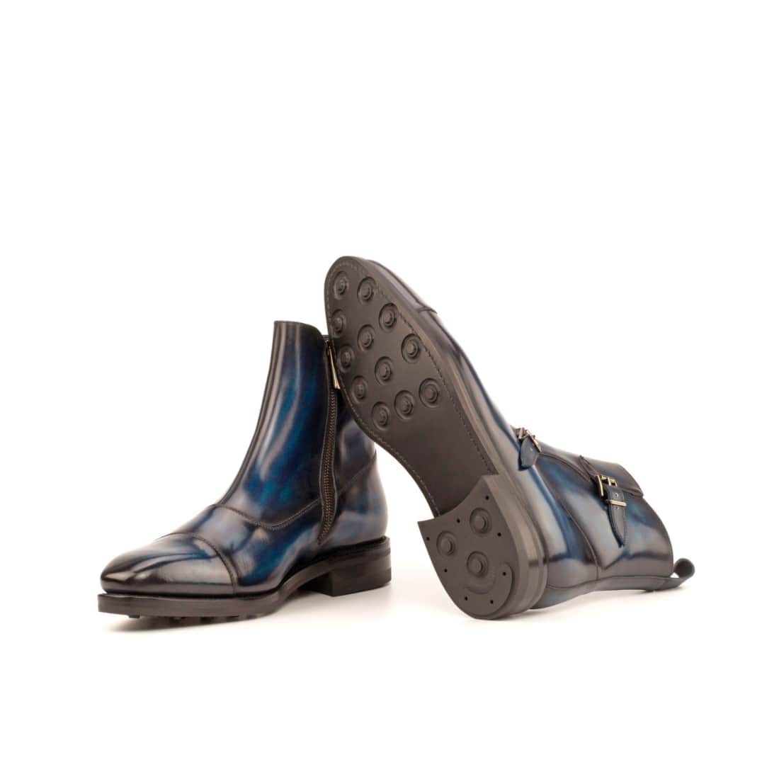 Bottines à Double Boucles en cuir patiné bleu - Semelles