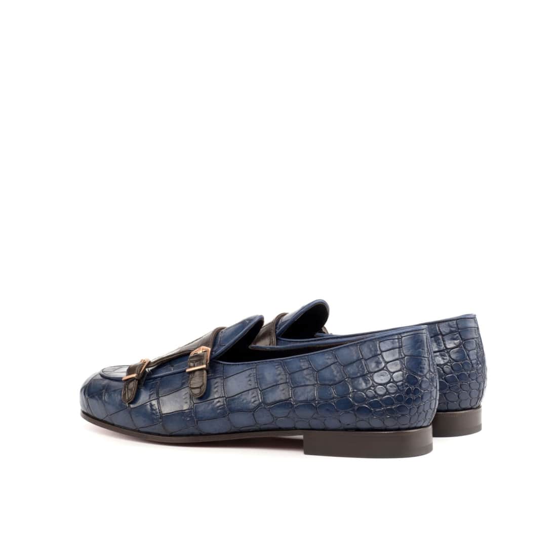 Mocassin Double Boucle en cuir croco bleu marine et marron