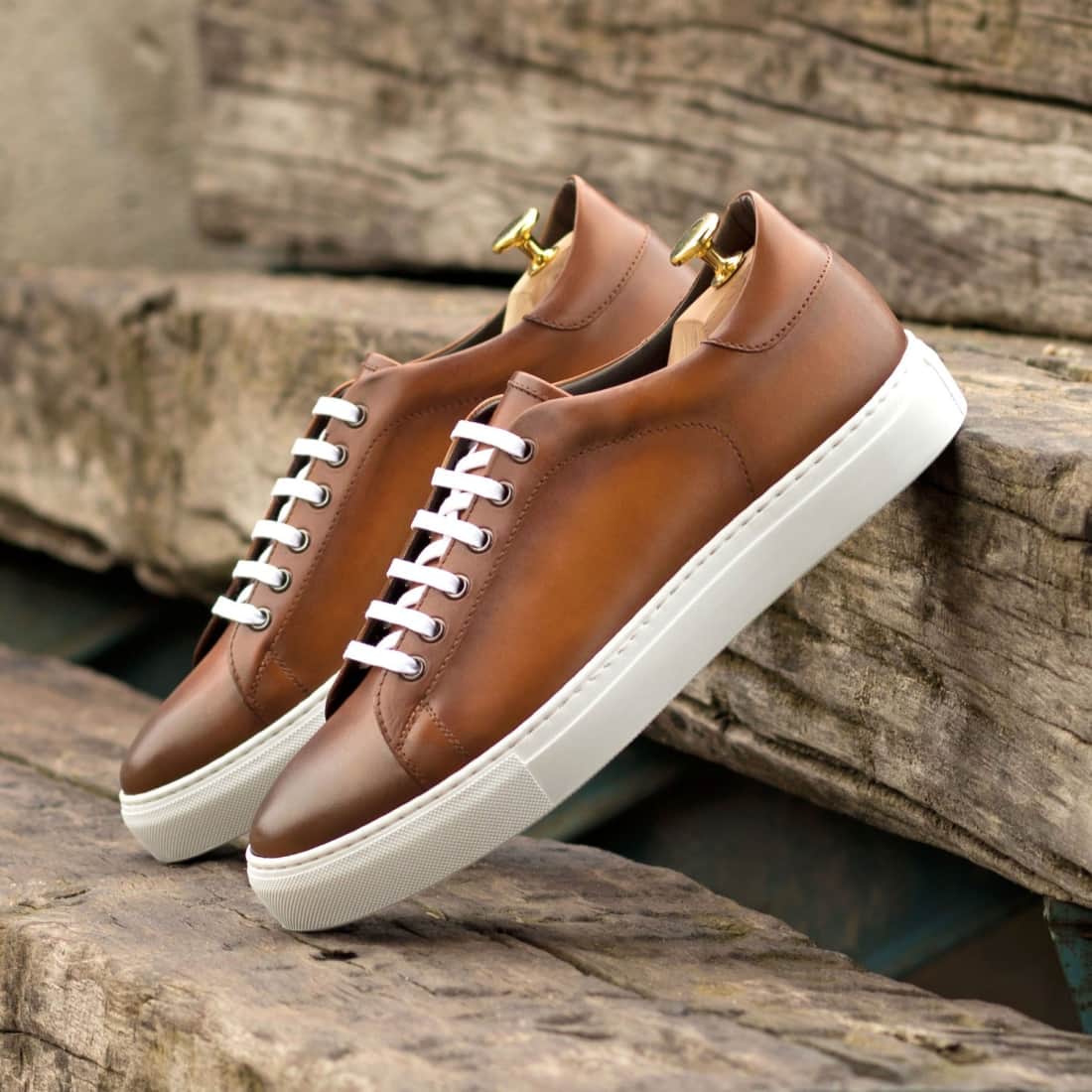 Sneakers Jersey en cuir cognac - Semelles Blanches