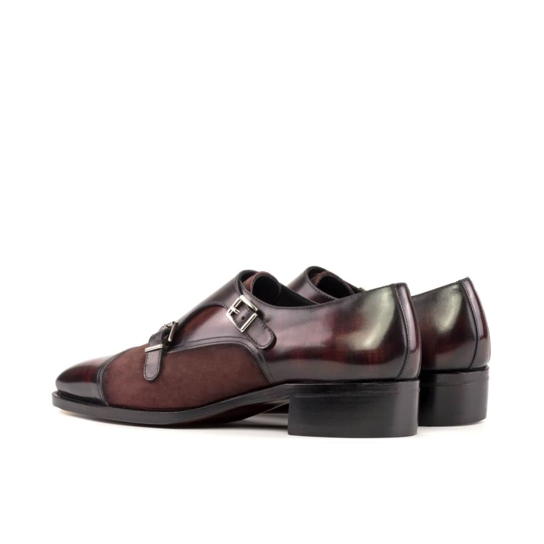 Chaussure double boucle en cuir patiné et daim bordeaux