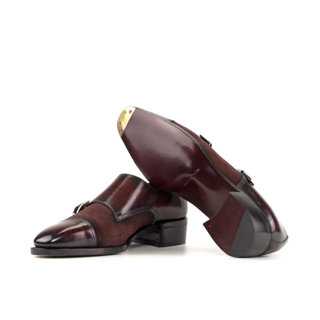 Chaussure double boucle en cuir patiné et daim bordeaux