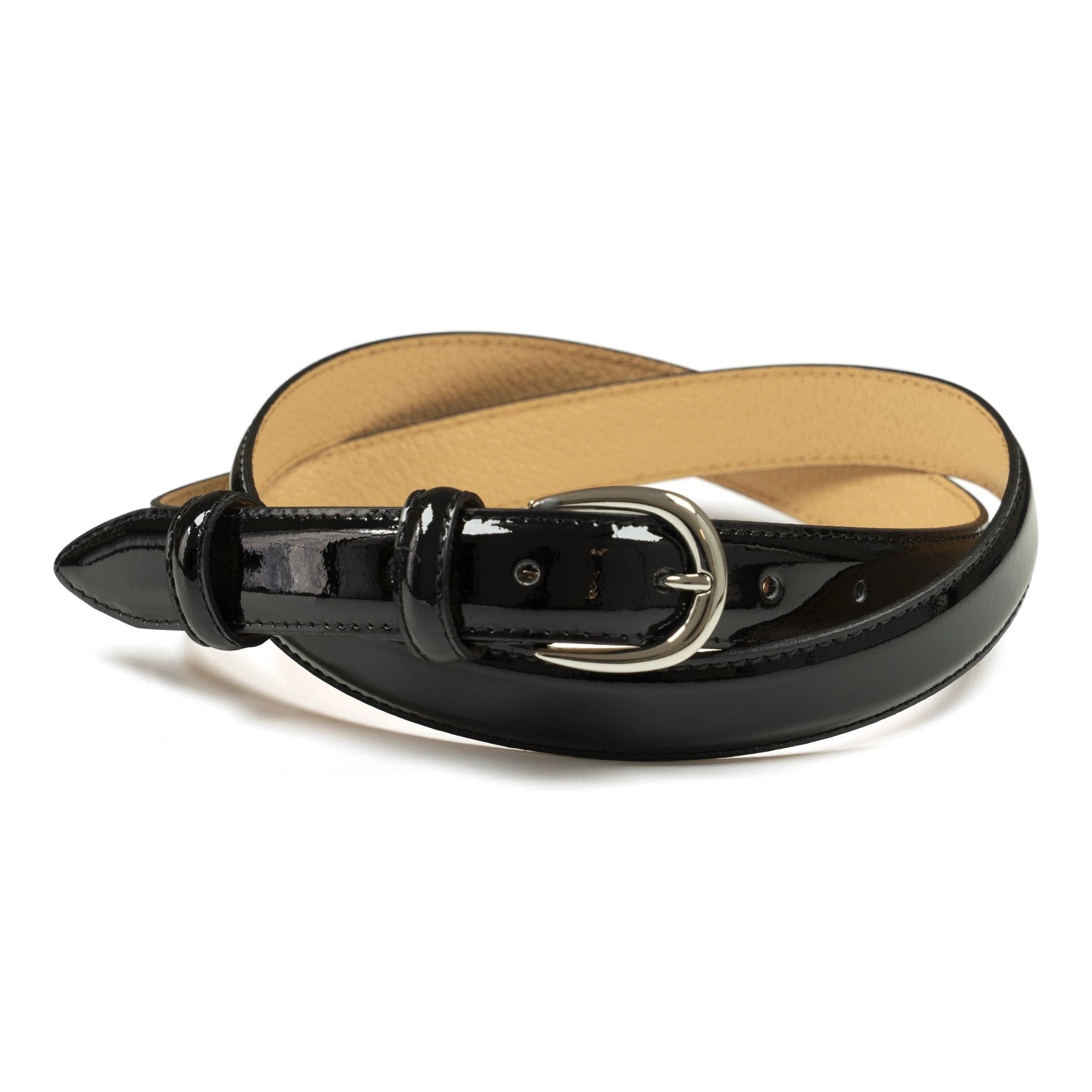 Ceinture femme cuir vernis noir boucle ronde fine 25 mm Norbert