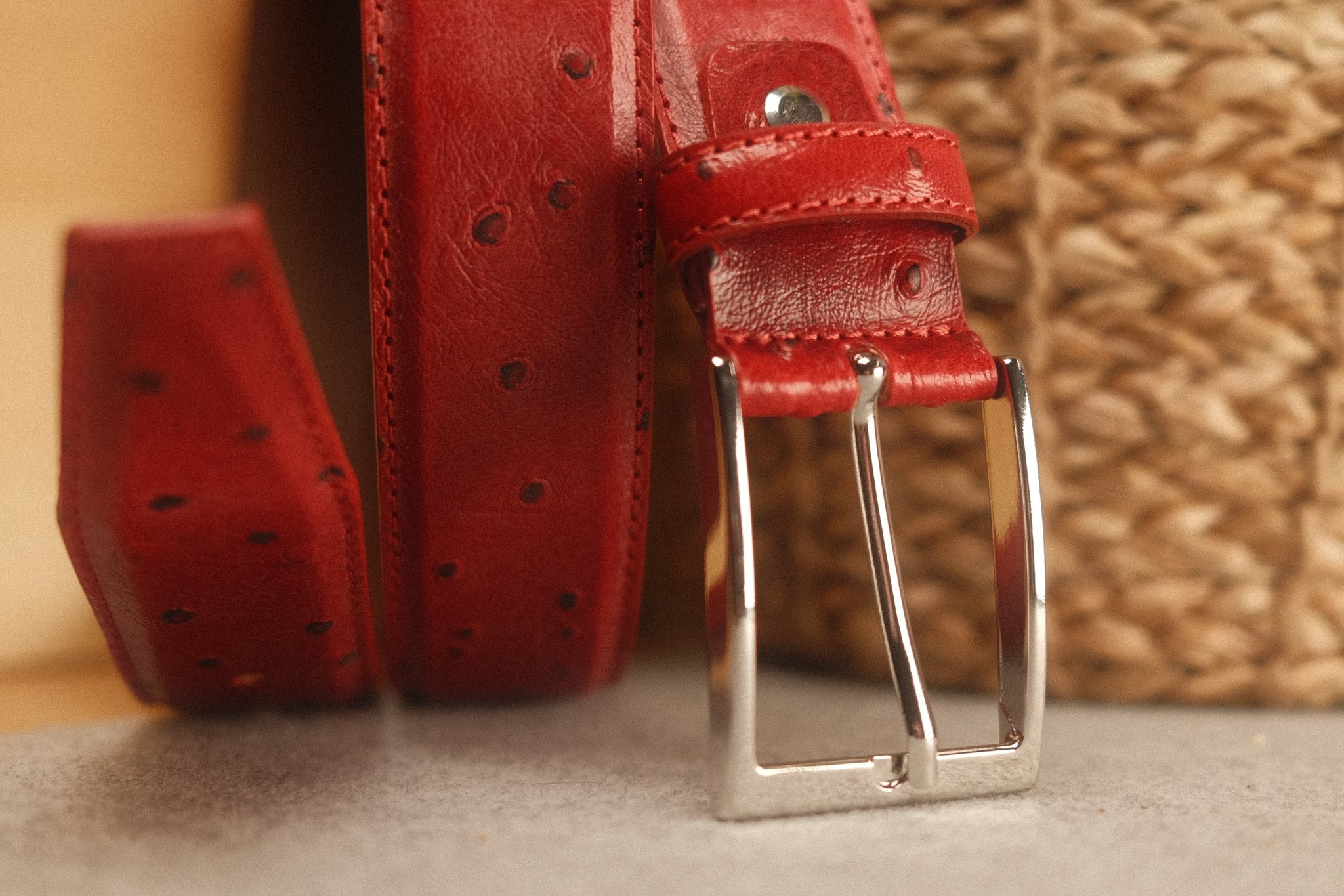 Ceinture en cuir rouge façon autruche 35 mm Norbert Bottier Accessoires Norbert Bottier