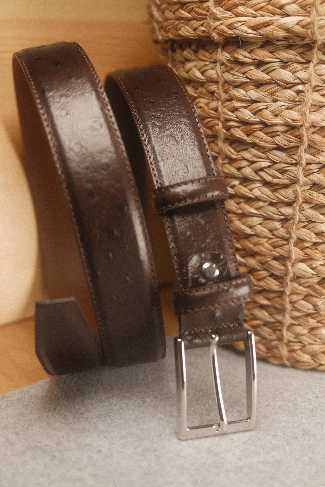 Ceinture en cuir marron foncé façon autruche 35 mm Norbert Bottier Accessoires Norbert Bottier