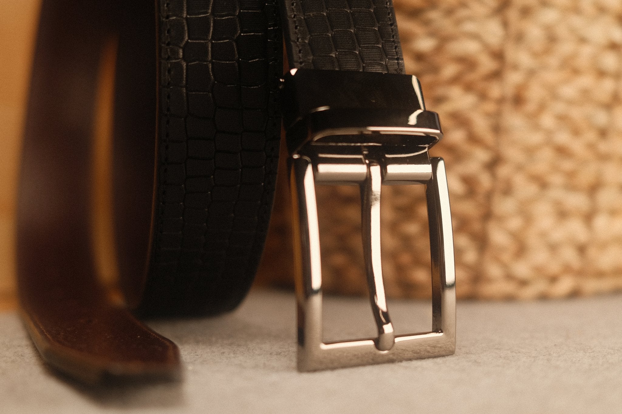 Ceinture en cuir Noir – Marron Foncé façon croco réversible 35 mm Norbert Bottier Accessoires Norbert Bottier