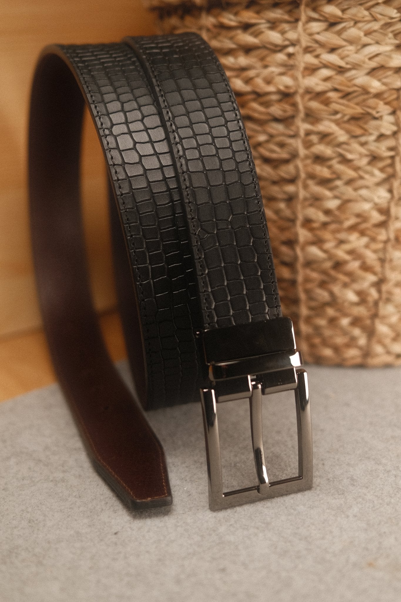 Ceinture en cuir Noir – Marron Foncé façon croco réversible 35 mm Norbert Bottier Accessoires Norbert Bottier