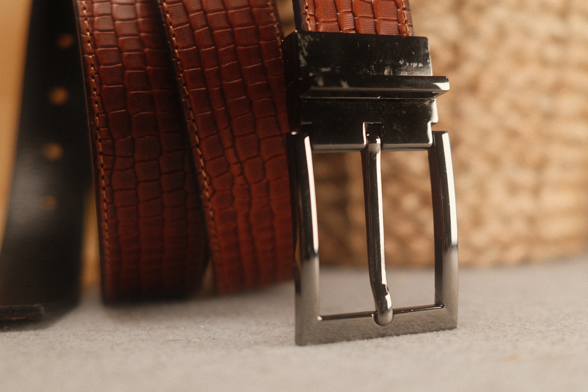 Ceinture en cuir Cognac – Noir façon croco réversible 35 mm Norbert Bottier Accessoires Norbert Bottier