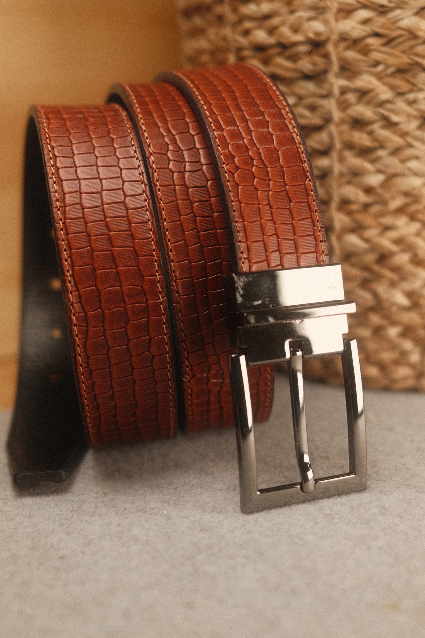 Ceinture en cuir Cognac – Noir façon croco réversible 35 mm Norbert Bottier Accessoires Norbert Bottier