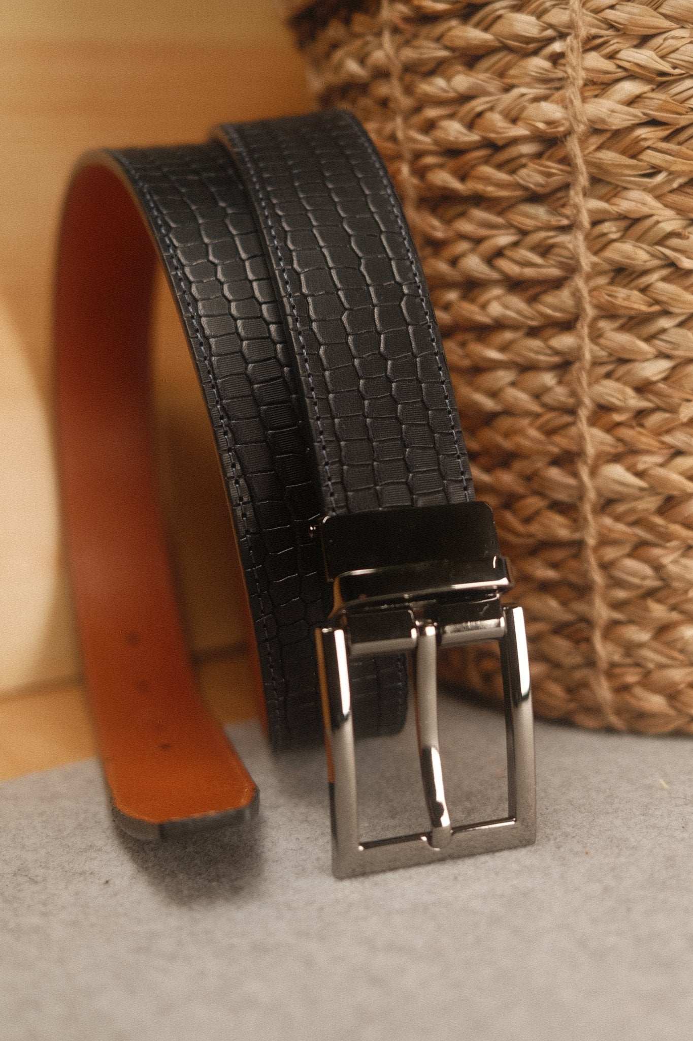 Ceinture en cuir Bleu Marine – Marron Clair façon croco réversible 35 mm Norbert Bottier Accessoires Norbert Bottier