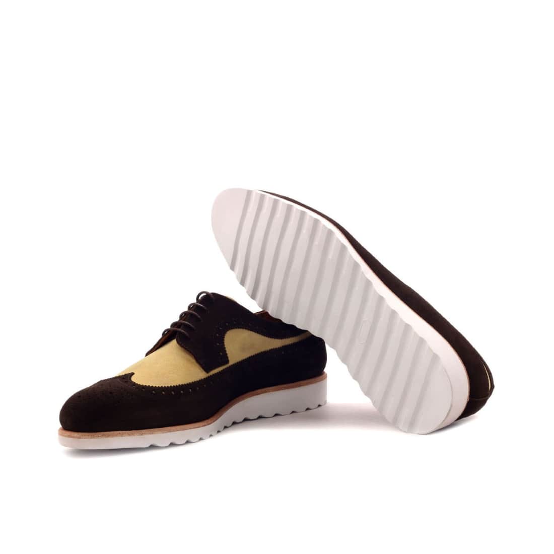 Derbie Brogue fleuri en daim marron foncé et beige - Semelles Sport – vue 2