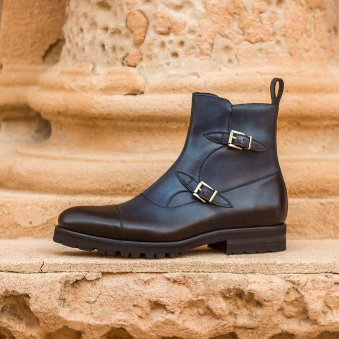 Bottines à Double Boucles en cuir bleu marine - Semelles