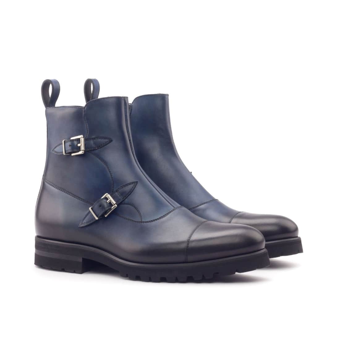 Bottines à Double Boucles en cuir bleu marine - Semelles Commando