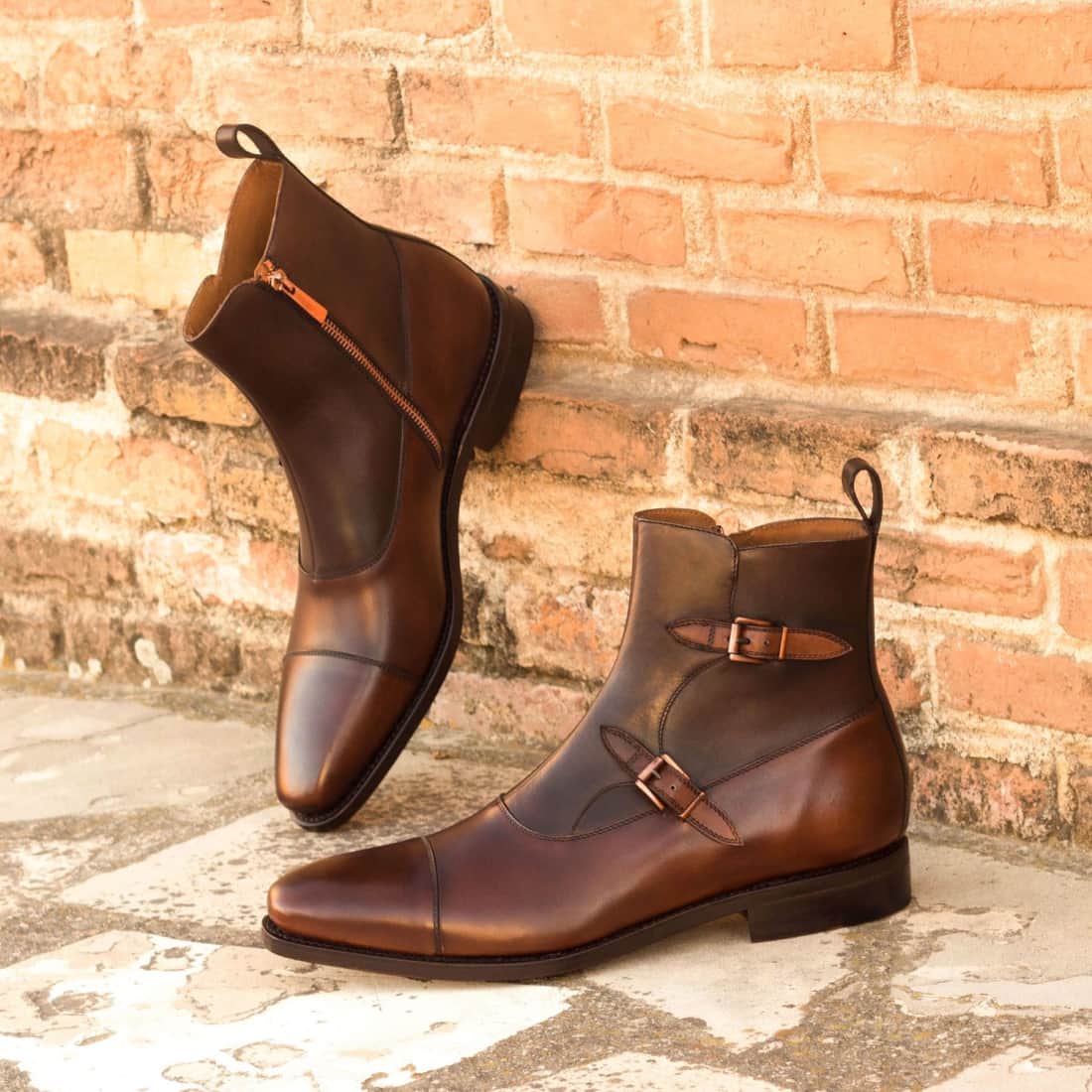 Bottines à Double Boucles en cuir bicolore marron
