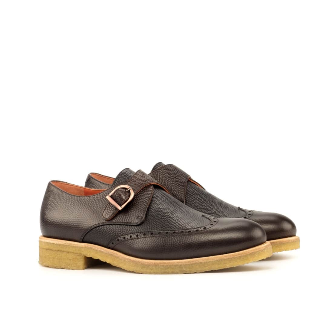 Chaussure à boucle bout fleuri en cuir grainé marron