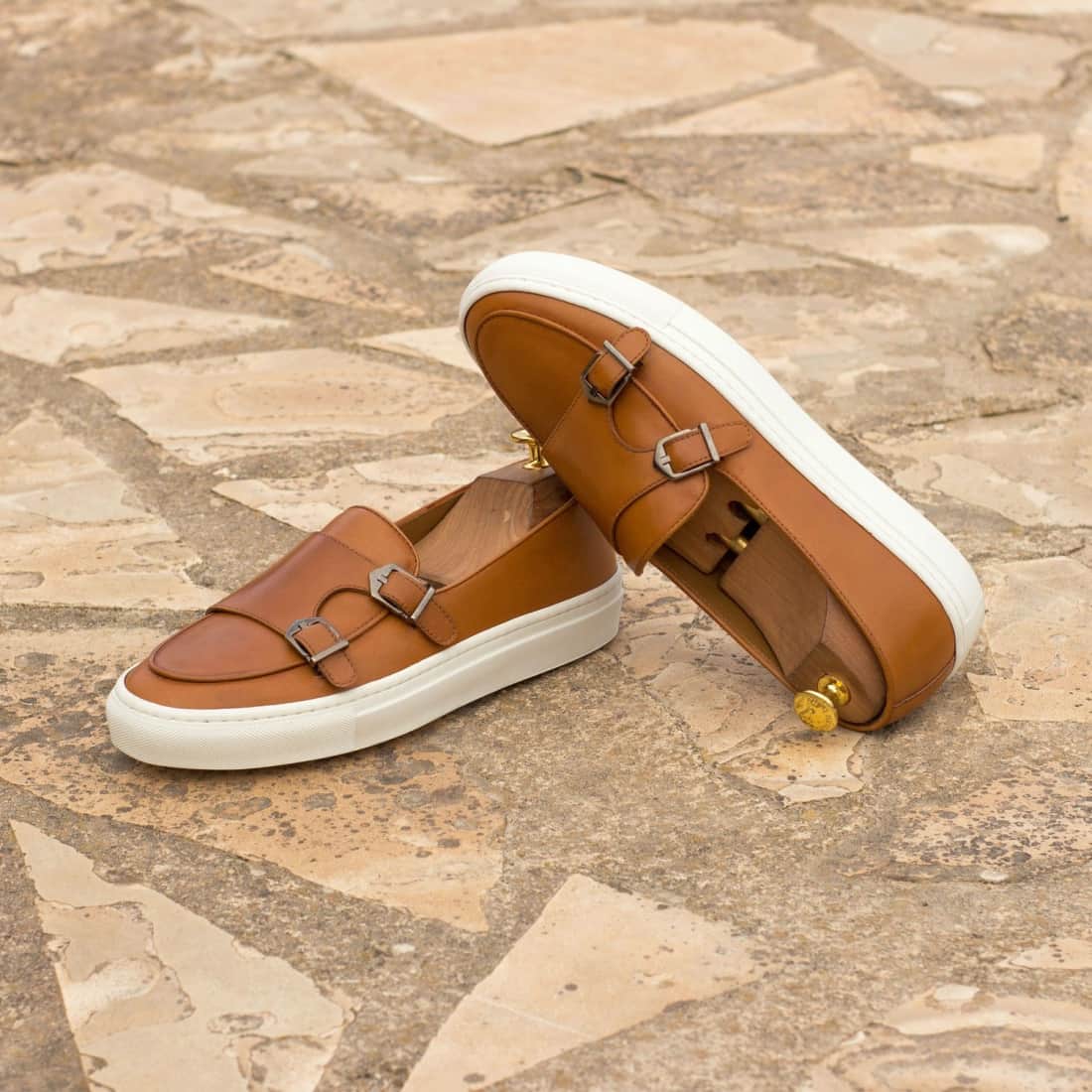 Sneaker Mocassin Double Boucle en cuir marron clair