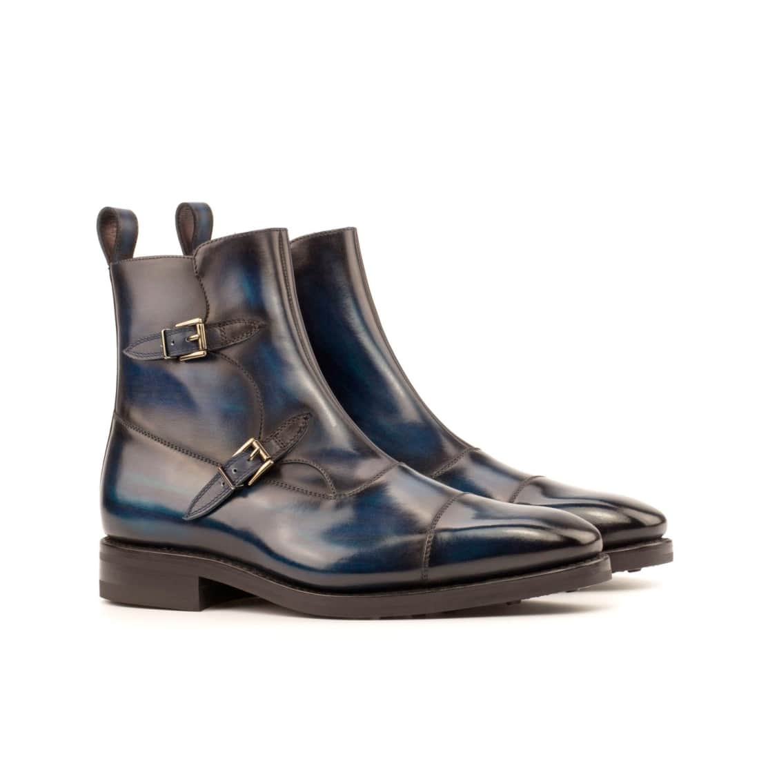 Bottines à Double Boucles en cuir patiné bleu - Semelles Dainite®