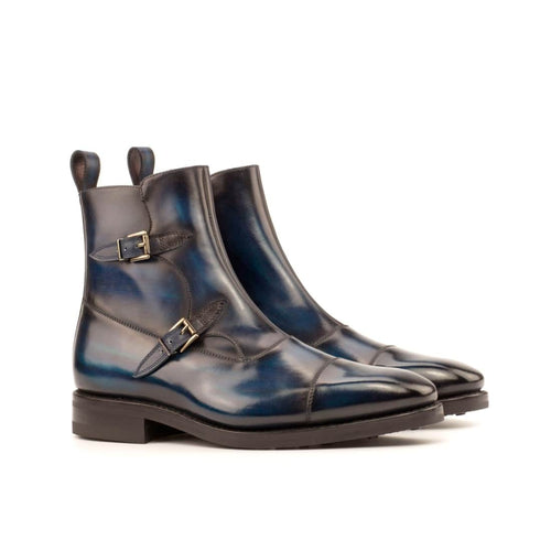 Bottines à Double Boucles en cuir patiné bleu - Semelles Dainite®