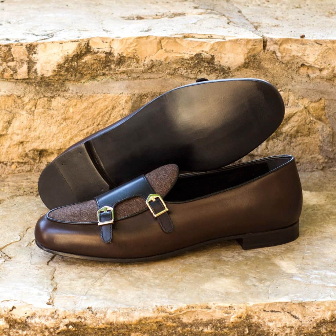 Mocassin Double Boucle en cuir et flanelle marron foncé – vue 5