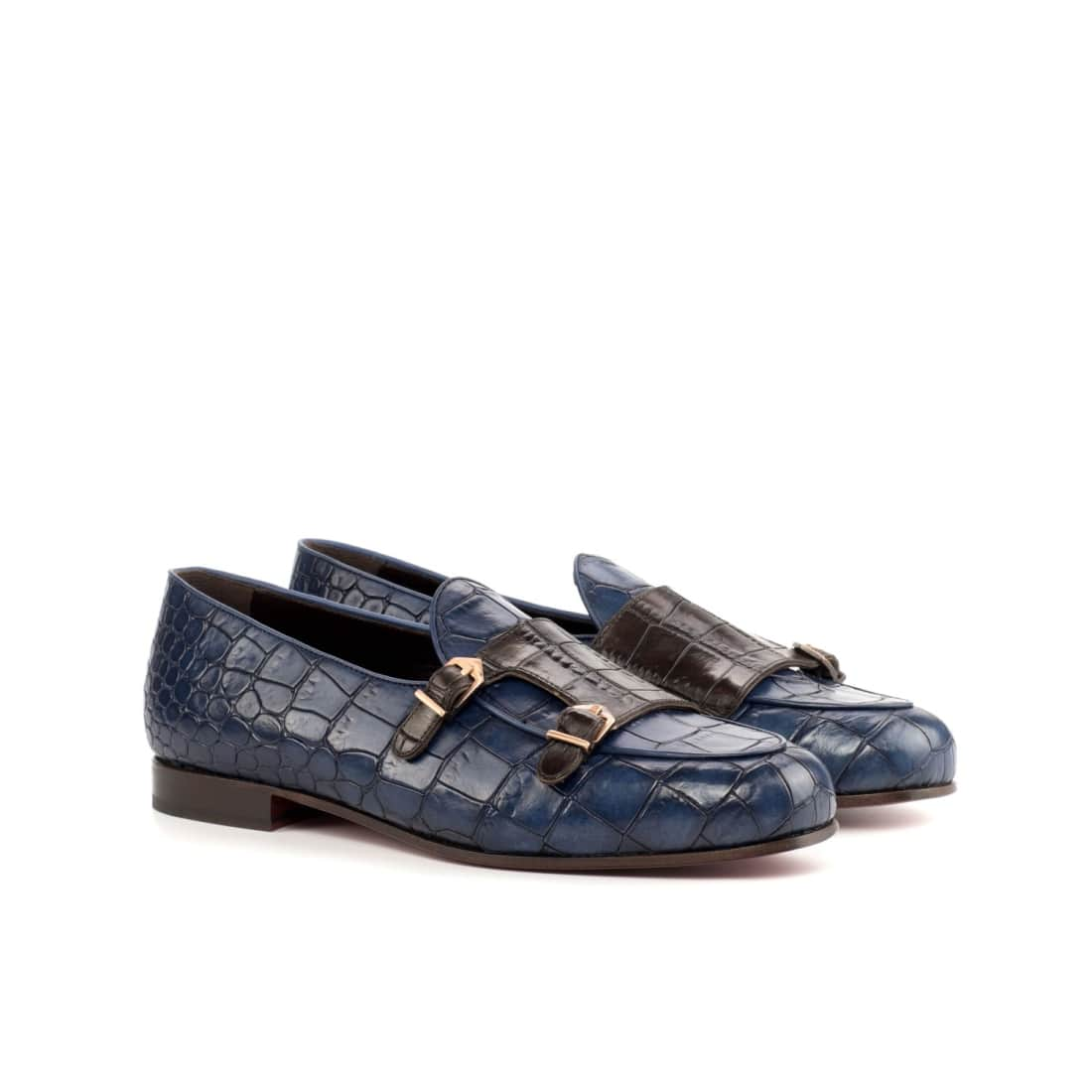 Mocassin Double Boucle en cuir croco bleu marine et marron