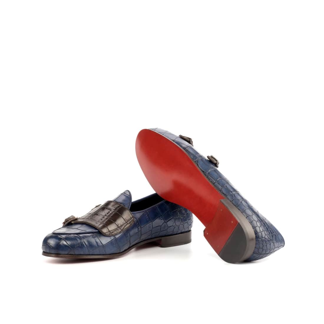 Mocassin Double Boucle en cuir croco bleu marine et marron foncé – vue 2