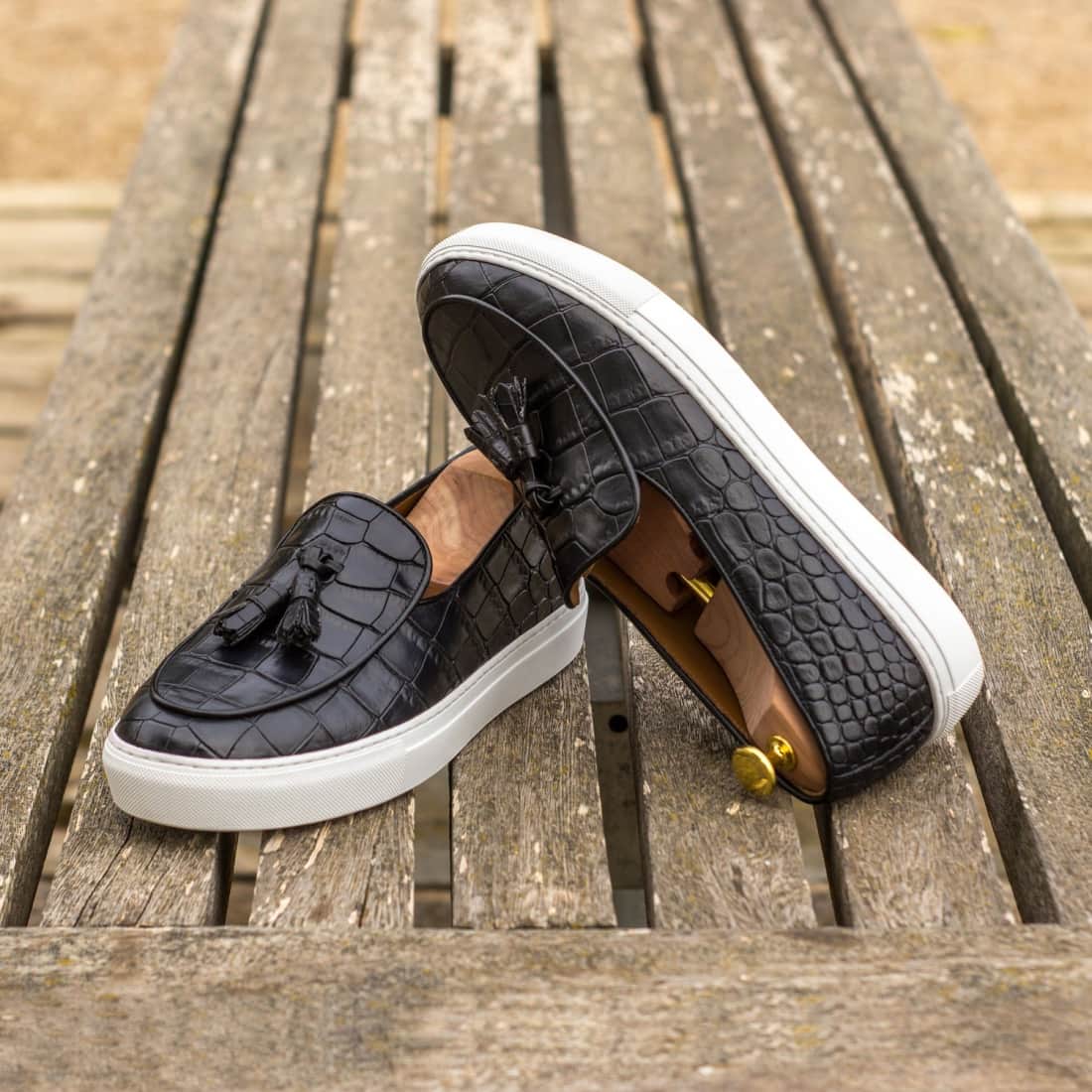 Sneaker Mocassin à Glands en cuir croco noir - Chaussures
