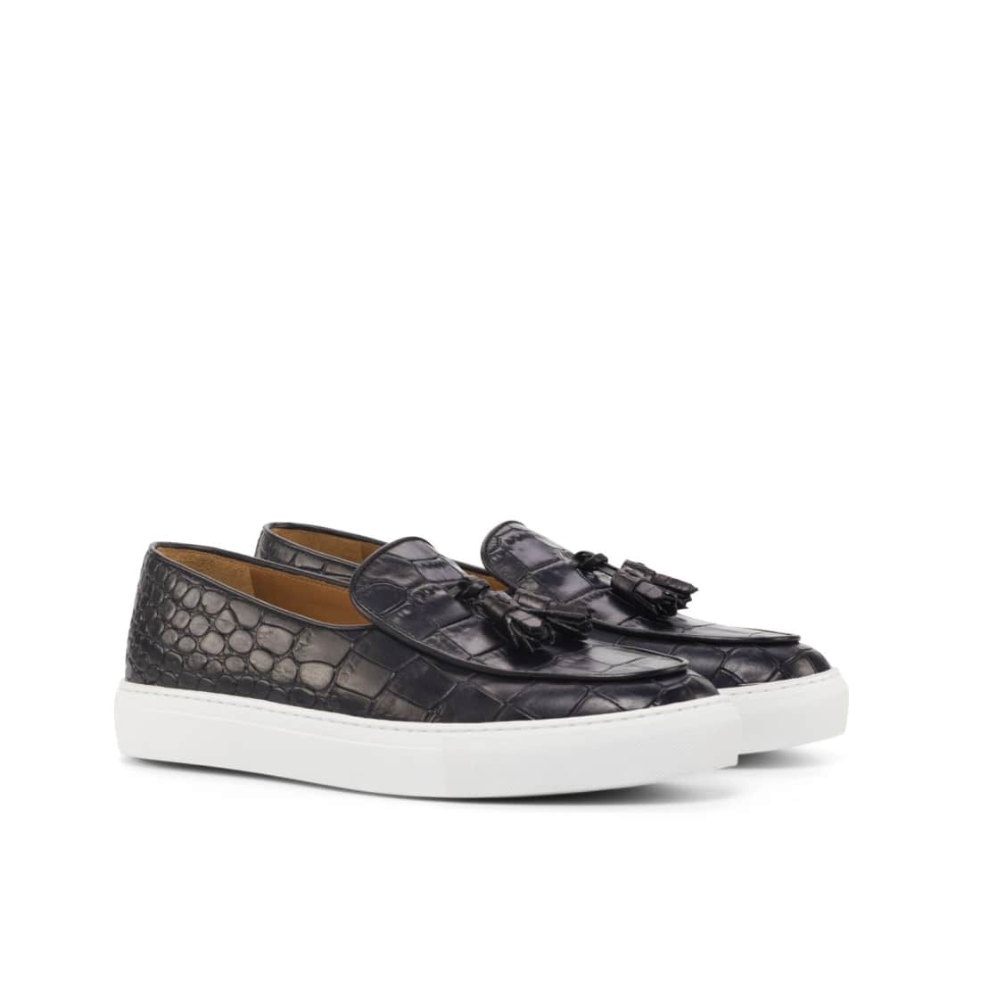 Sneaker Mocassin à Glands en cuir croco noir