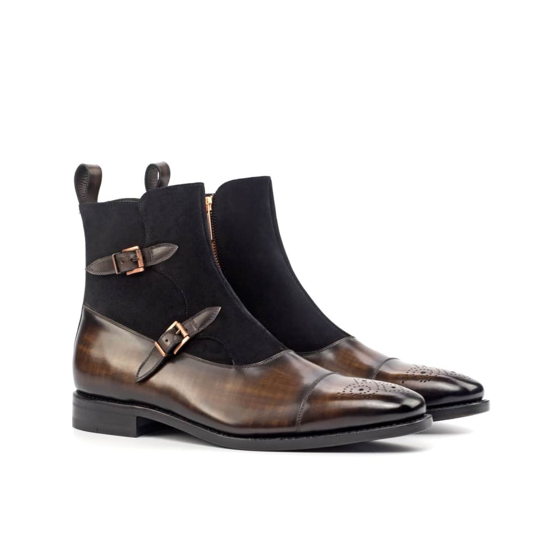 Bottines à Double Boucles en cuir patiné marron et daim noir