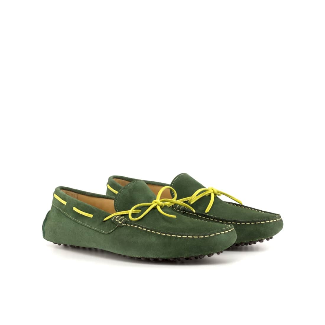 Mocassin Driver en daim vert foncé avec lacet jaune