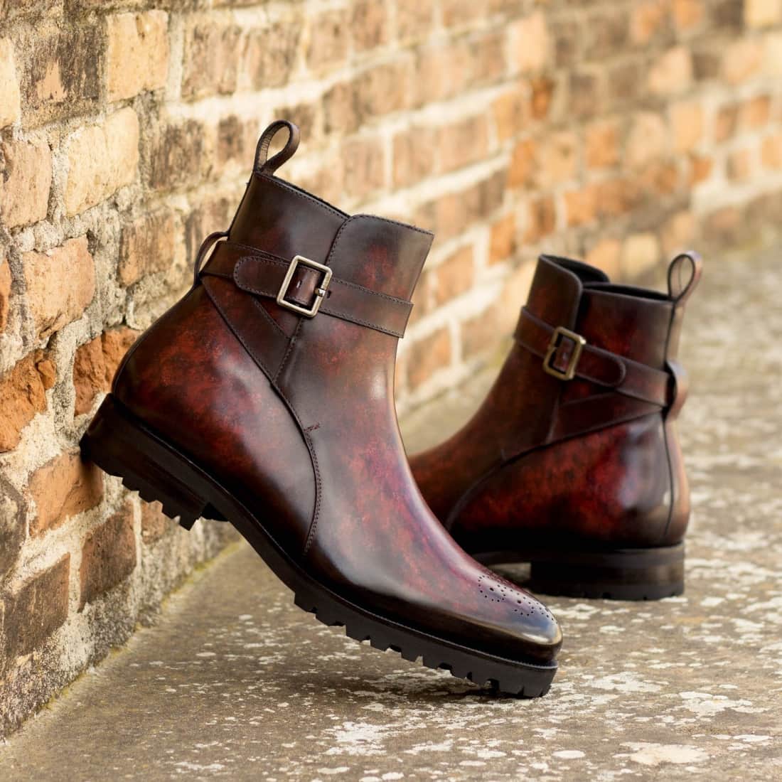 Bottines Jodhpur en cuir patiné bordeaux - Semelles