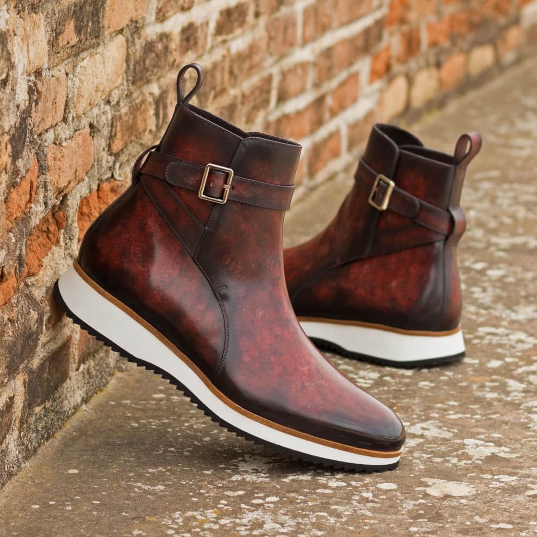 Bottines Jodhpur en cuir patiné bordeaux - Semelles Sport