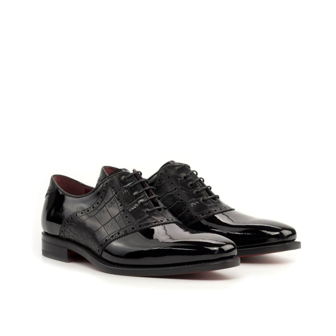 Richelieu Saddle en cuir vernis et croco noir - Chaussures