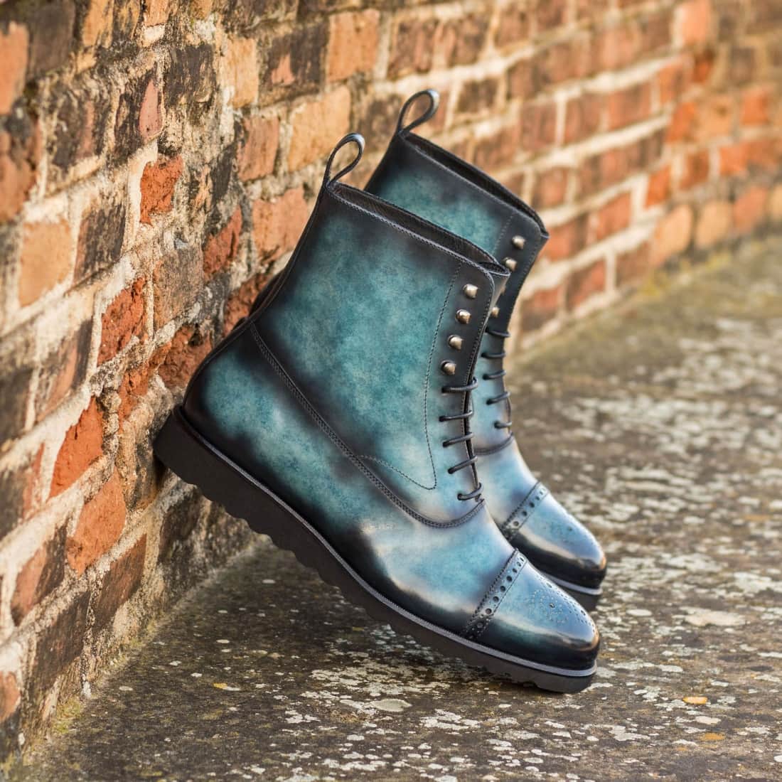 Bottines Blamoral en cuir patiné turquoise - Semelles