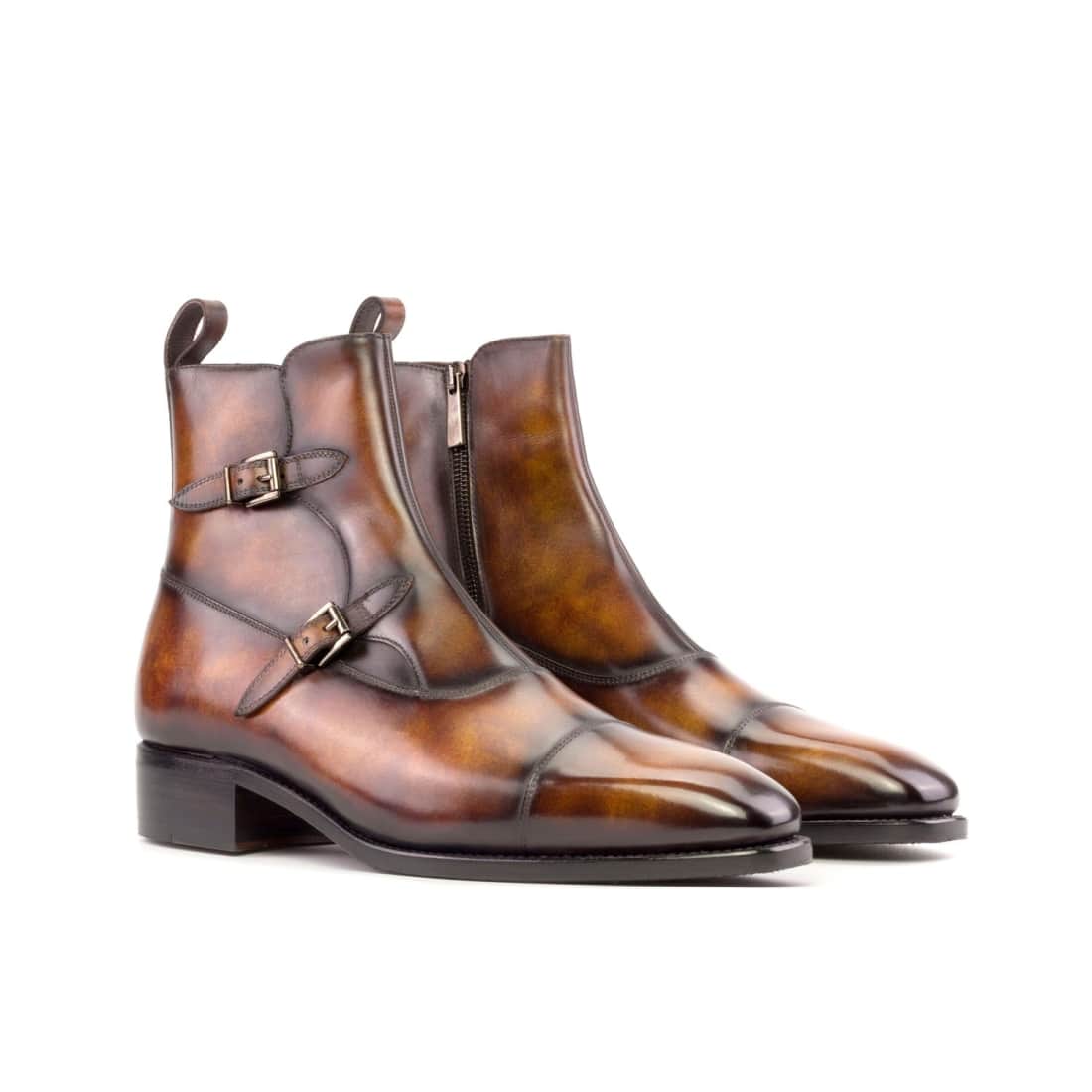 Bottines à Double Boucles en cuir patiné marron