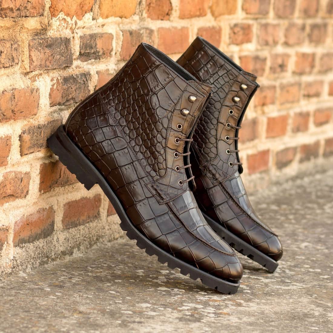 Bottines Derby Demi-Chasse en cuir croco marron foncé