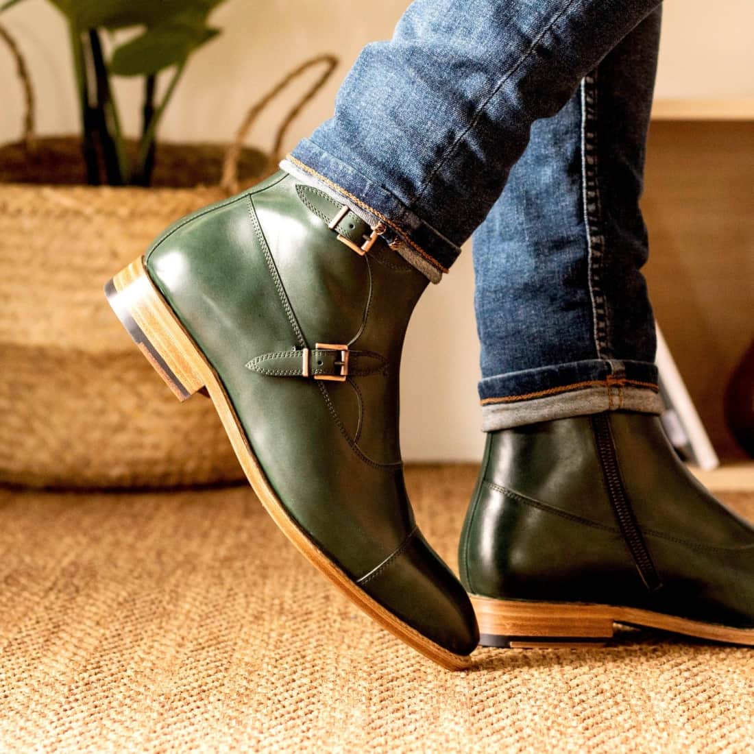 Bottines à Double Boucles en cuir vert – vue 5