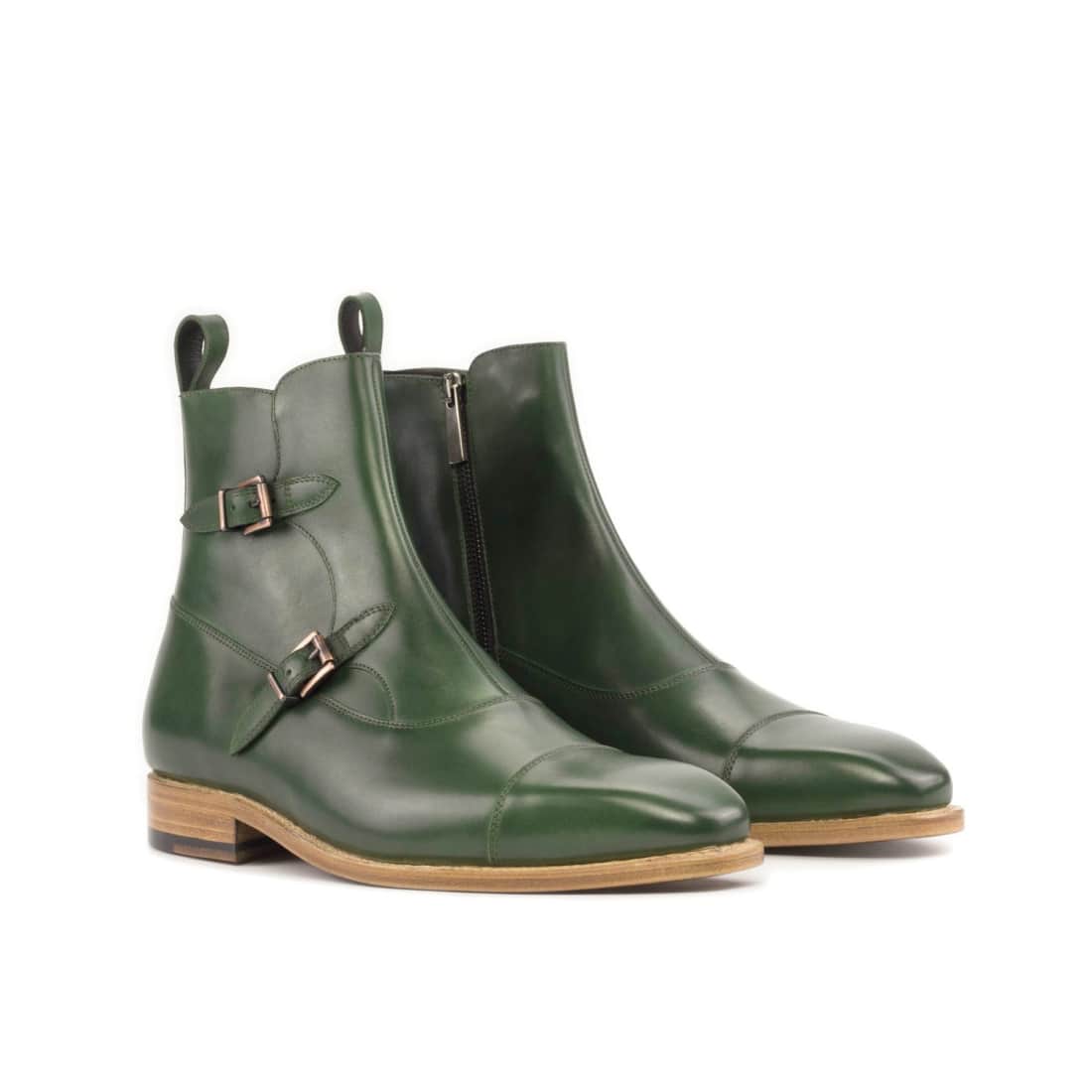 Bottines à Double Boucles en cuir vert