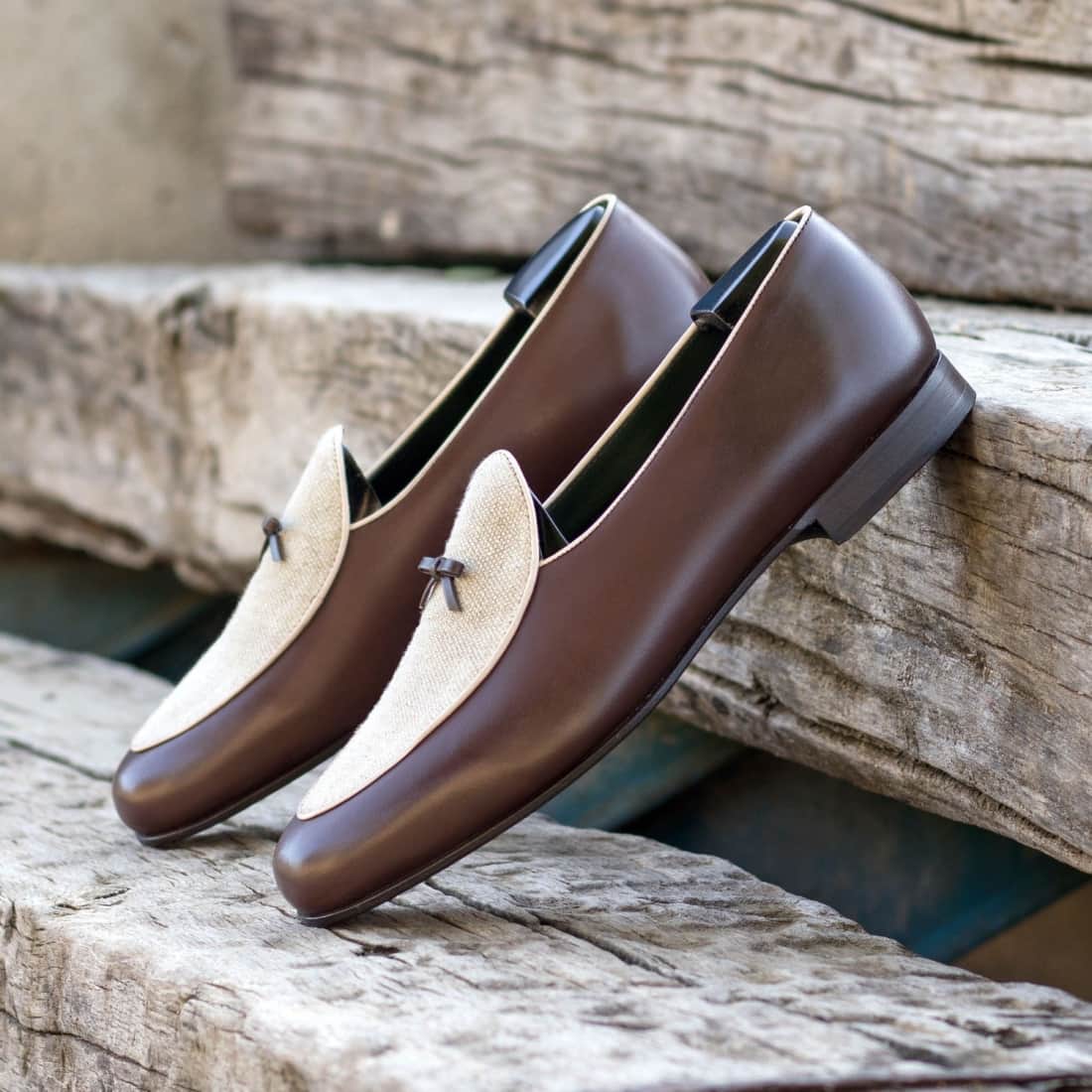 Mocassin Belge en cuir marron et lin beige - Chaussures