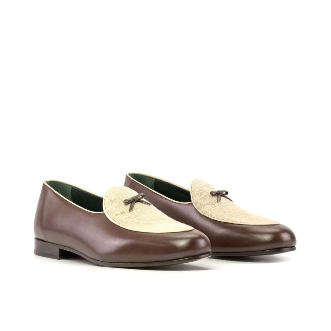 Mocassin Belge en cuir marron et lin beige - Chaussures