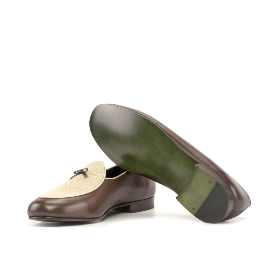 Mocassin Belge en cuir marron et lin beige - Chaussures