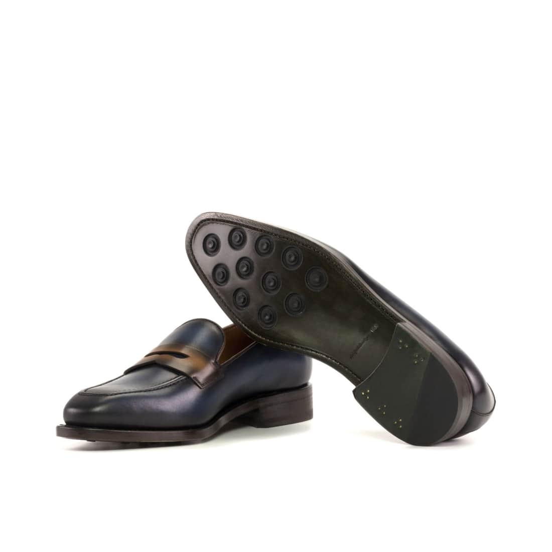 Mocassins Penny à bandeau en cuir patiné bleu marine et cognac – vue 2