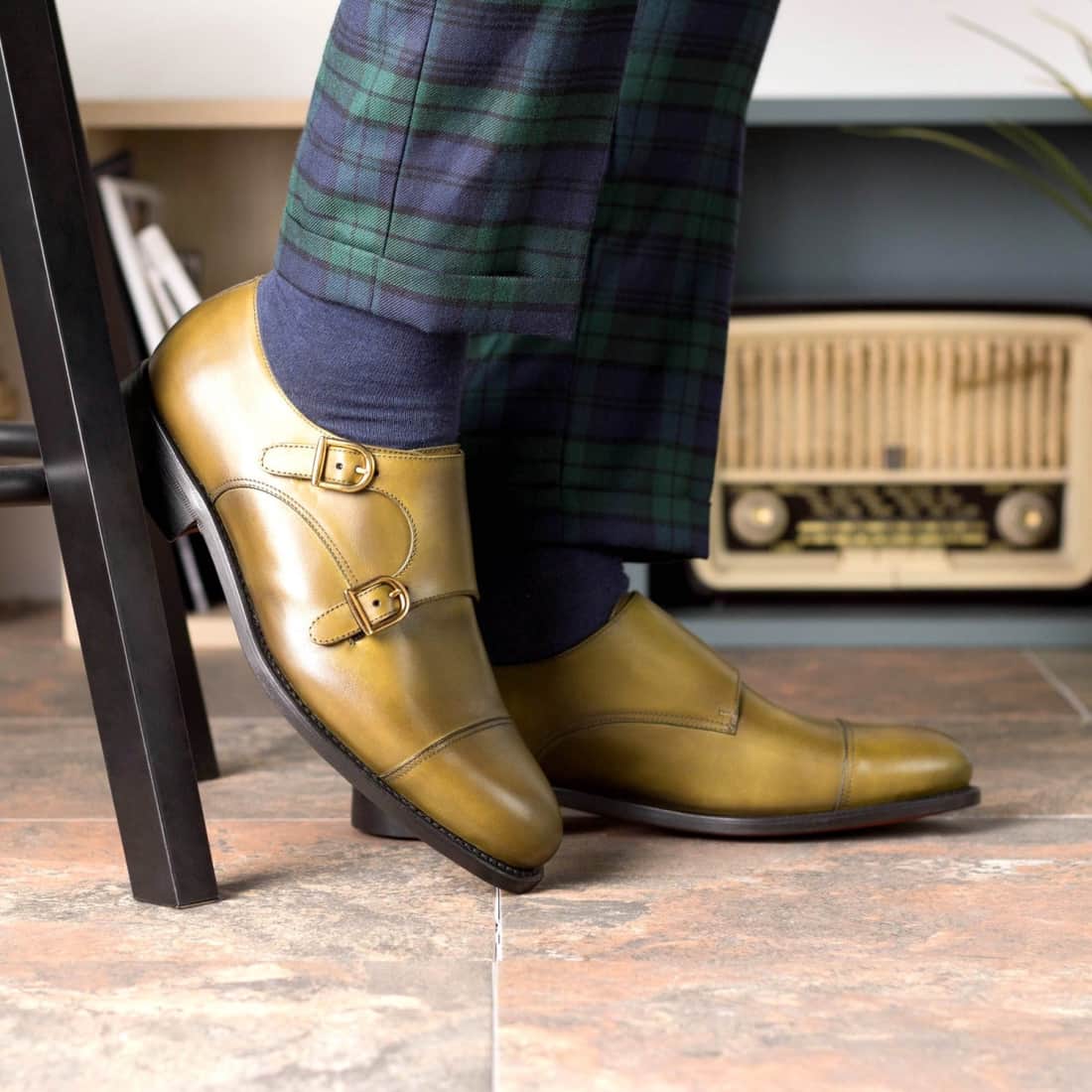 Chaussure double boucle en cuir vert olive - Chaussures