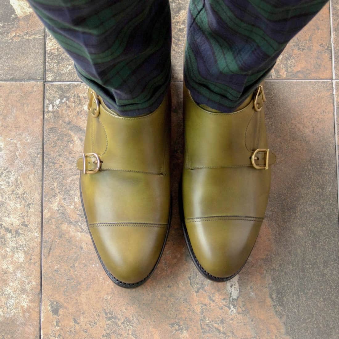 Chaussure double boucle en cuir vert olive - Chaussures