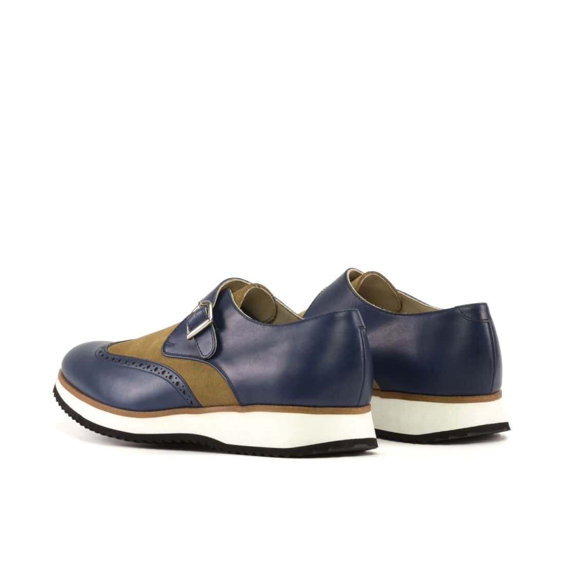 Chaussure à boucle bout fleuri en cuir bleu marine et daim camel - Semelles Sport – vue 3