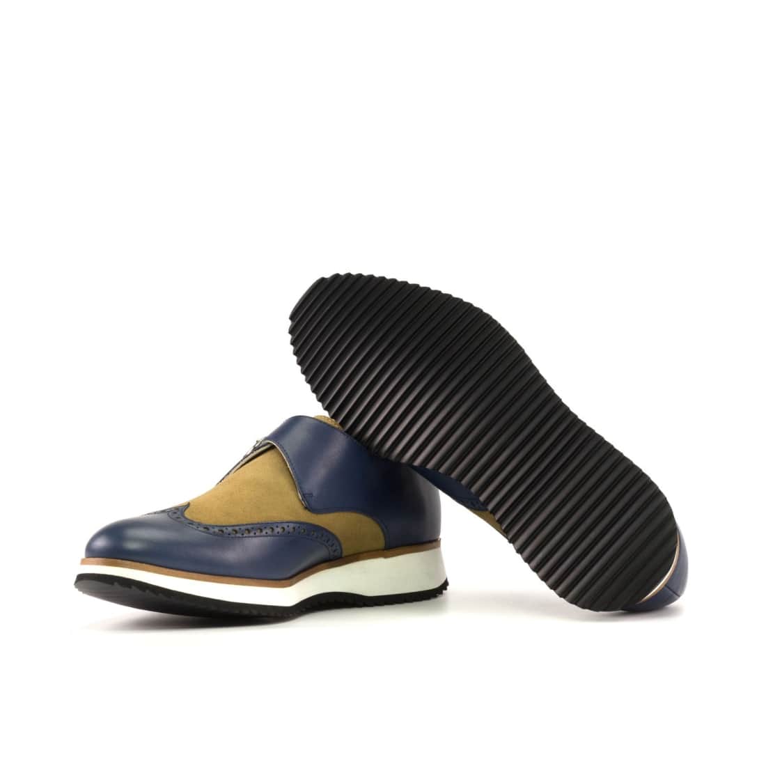 Chaussure à boucle bout fleuri en cuir bleu marine et daim camel - Semelles Sport – vue 2