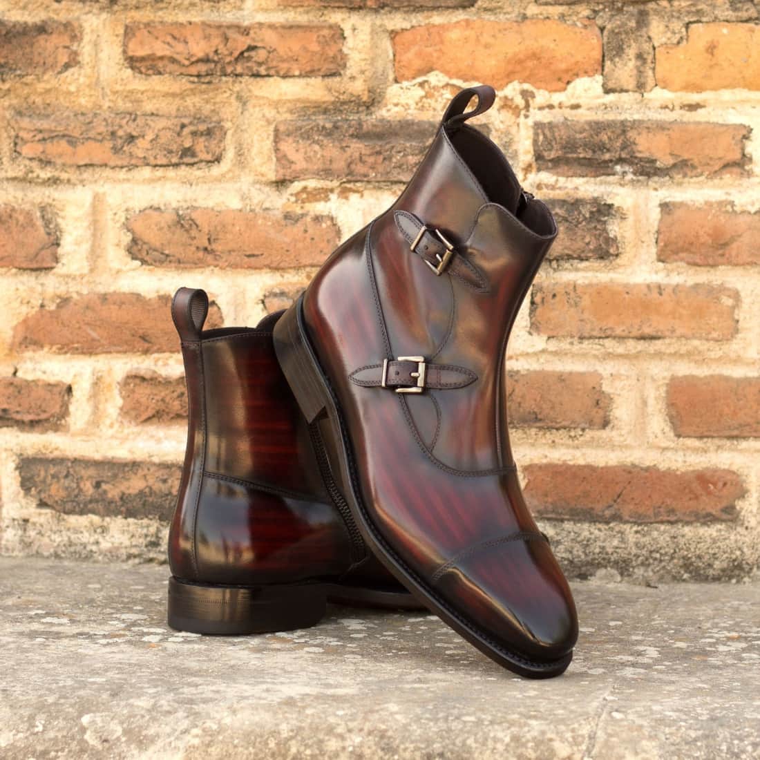 Bottines à Double Boucles en cuir patiné bordeaux – vue 4