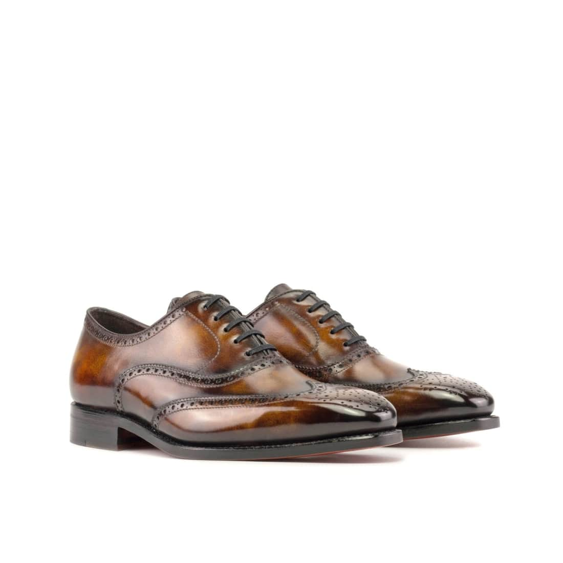 Richelieu fleuri en cuir patiné marron et cognac