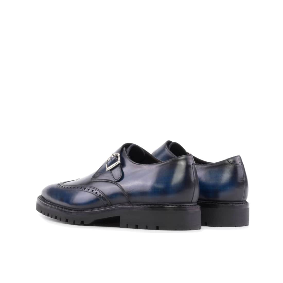 Chaussure à boucle bout fleuri en cuir patiné bleu mariné - Semelles Commando – vue 3