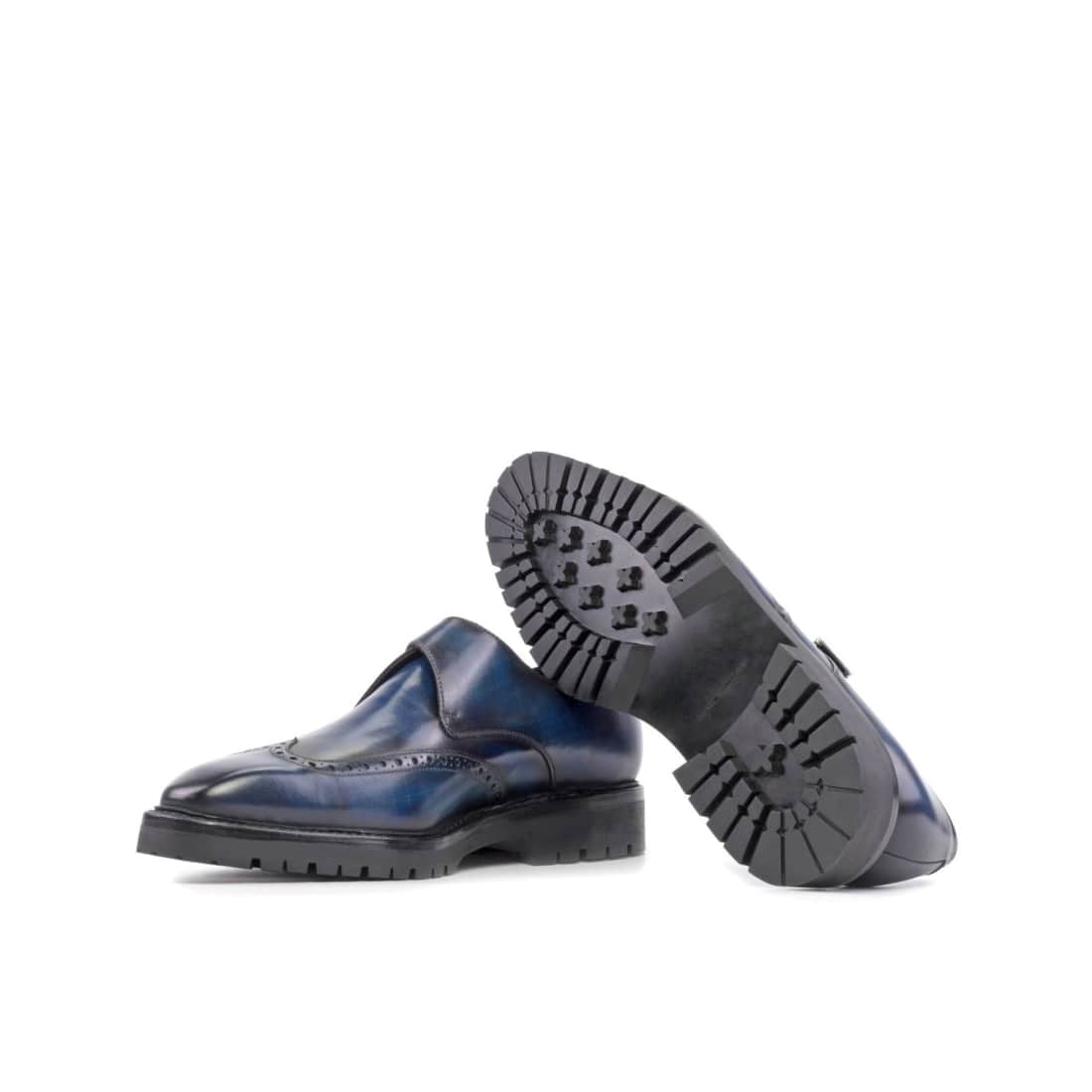 Chaussure à boucle bout fleuri en cuir patiné bleu mariné - Semelles Commando – vue 2