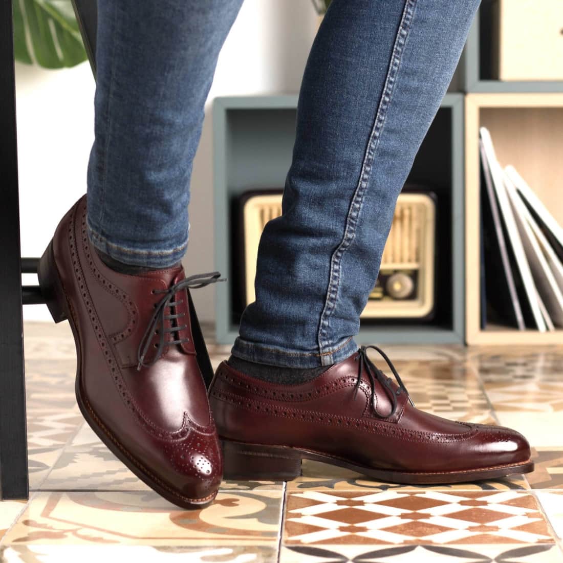Chaussures Derby Brogue Homme en Cuir Bordeaux Cousu Goodyear