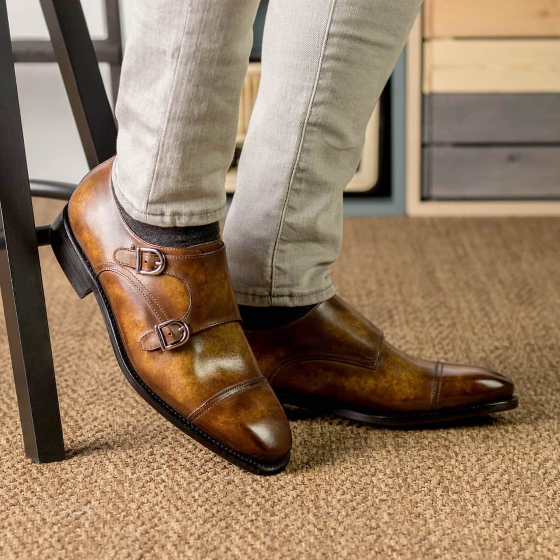 Chaussure double boucle en cuir patiné cognac - Chaussures
